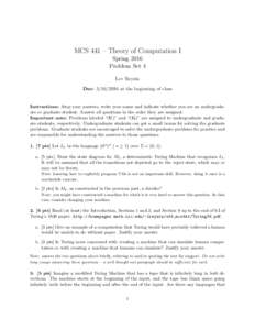 MCS 441 – Theory of Computation I Spring 2016 Problem Set 4 Lev Reyzin Due: at the beginning of class