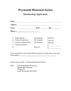 Anyone interested to joining the Weymouth Historical Society please print this page and send to the address below
