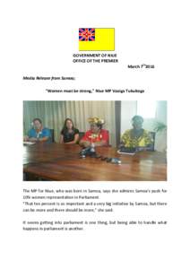 GOVERNMENT OF NIUE OFFICE OF THE PREMIER March 7th2016 Media Release from Samoa; 