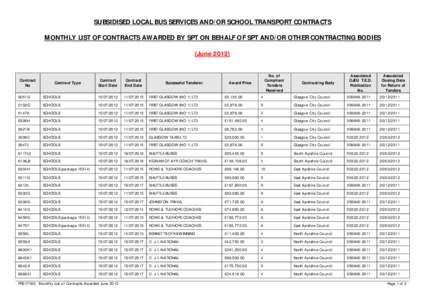 SUBSIDISED LOCAL BUS SERVICES AND/OR SCHOOL TRANSPORT CONTRACTS MONTHLY LIST OF CONTRACTS AWARDED BY SPT ON BEHALF OF SPT AND/OR OTHER CONTRACTING BODIES (JuneContract No
