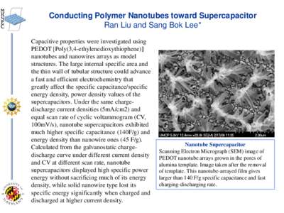 Conducting Polymer Nanotubes toward Supercapacitor Ran Liu and Sang Bok Lee* Capacitive properties were investigated using PEDOT [Poly(3,4-ethylenedioxythiophene)] nanotubes and nanowires arrays as model structures. The 