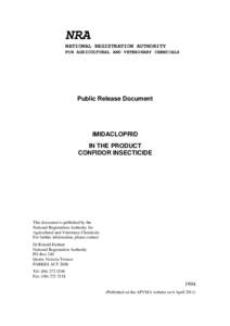 Public Release Summary - Imidacloprid in the Product Confidor Insecticide