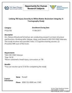 Opportunity for Human Research Subjects Linking TBI Injury Severity to White Matter Brainstem Integrity: A Tractography Study