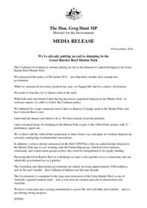 The Hon. Greg Hunt MP Minister for the Environment MEDIA RELEASE 10 November 2014