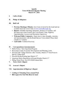 Agenda Town Of Hoosick Regular Meeting March 14th, 2016 I.  Call to Order