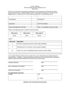 Lamar University Personal Cellular Services Allowance Form Attachment I This form is to authorize an employee an allowance for reimbursement for University use of their personal cell phone plan. Please complete this form