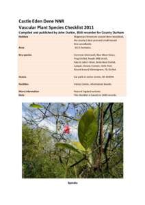 Castle Eden Dene NNR Vascular Plant Species Checklist 2011 Compiled and published by John Durkin, BSBI recorder for County Durham Habitats  Area
