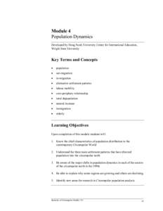 Module 4 Population Dynamics Developed by Doug Nord, University Center for International Education, Wright State University  Key Terms and Concepts