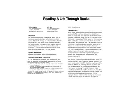 Reading A Life Through Books Alice Pagano City University London London, EC1V 0HB  Jon Bird