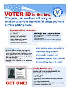 VOTER ID is the law  This year, poll workers will ask you to show a current and valid ID when you vote at your polling place Acceptable Photo IDs include: