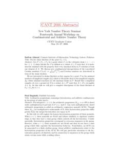 CANT 2016 Abstracts New York Number Theory Seminar Fourteenth Annual Workshop on Combinatorial and Additive Number Theory CUNY Graduate Center May 24–27, 2016