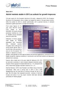 Press Release  March 2014 Alufoil markets stable in 2013 as outlook for growth improves Full year results for the European aluminium foil sector, released by EAFA, the European