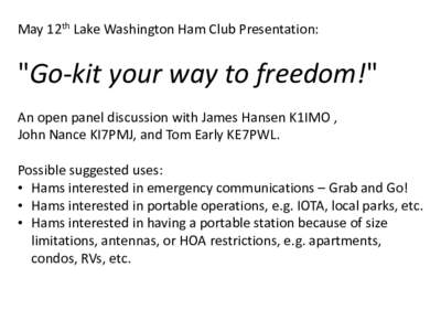 May 12th Lake Washington Ham Club Presentation:  