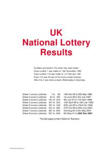 UK National Lottery Results Numbers are listed in the order they were drawn. Draw number 1 was made on 19th November 1994 Draw number 116 was made on 1st February 1997