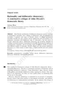 Original Article  Rationality and deliberative democracy: A constructive critique of John Dryzek’s democratic theory Adrian Blau