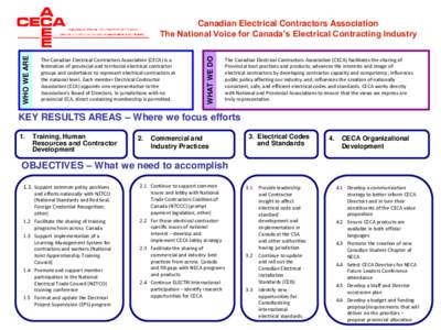 The Canadian Electrical Contractors Association (CECA) is a federation of provincial and territorial electrical contractor groups and undertakes to represent electrical contractors at the national level. Each member Elec