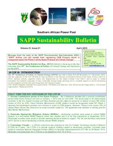 Southern African Power Pool  SAPP Sustainability Bulletin Volume 21, Issue 21  April, 2013