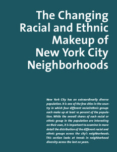 New York City has an extraordinarily diverse population. It is one of the few cities in the country in which four different racial/ethnic groups each make up at least 10 percent of the population. While the overall share