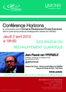 Conférence Horizons  en collaboration avec le Conseil de Développement Durable Institutionnel, dans le cadre de la journée du développement durable de l’UMONS  Jeudi 2 avril 2015