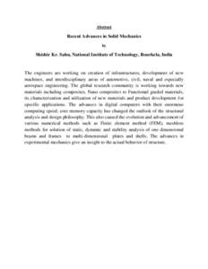 Abstract  Recent Advances in Solid Mechanics by  Shishir Kr. Sahu, National Institute of Technology, Rourkela, India