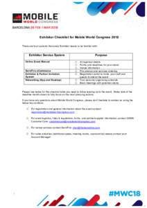 Exhibitor Checklist for Mobile World Congress 2018 There are four systems that every Exhibitor needs to be familiar with: Exhibitor Service System Online Event Manual