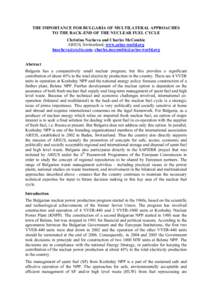 THE IMPORTANCE FOR BULGARIA OF MULTILATERAL APPROACHES TO THE BACK-END OF THE NUCLEAR FUEL CYCLE Christina Necheva and Charles McCombie ARIUS, Switzerland, www.arius-world.org [removed], charles.mccombie@arius-
