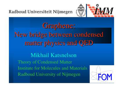 Graphene: New bridge between condensed matter physics and QED Mikhail Katsnelson Theory of Condensed Matter Institute for Molecules and Materials