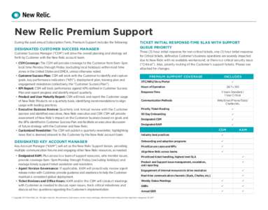 New Relic Premium Support During the paid annual Subscription Term, Premium Support includes the following: DESIGNATED CUSTOMER SUCCESS MANAGER Customer Success Manager (“CSM”) will drive the overall planning and str
