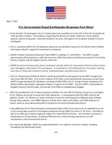 May 7, 2015  U.S. Government Nepal Earthquake Response Fact Sheet   Since the April 25 earthquake, the U.S. Government has provided more than $27 million for humanitarian