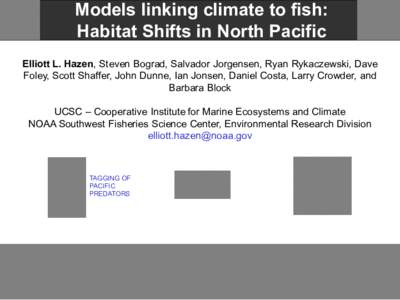 Models linking climate to fish: Habitat Shifts in North Pacific Predators Elliott L. Hazen, Steven Bograd, Salvador Jorgensen, Ryan Rykaczewski, Dave Foley, Scott Shaffer, John Dunne, Ian Jonsen, Daniel Costa, Larry Crow