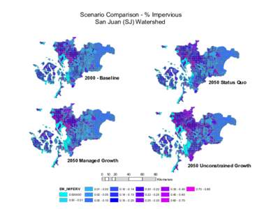 Scenario Comparison - % Impervious San Juan (SJ) WatershedBaselineStatus Quo