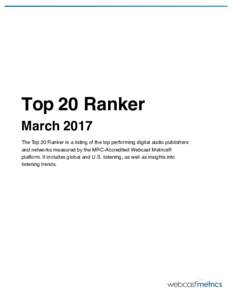 Top 20 Ranker March 2017 The Top 20 Ranker is a listing of the top performing digital audio publishers and networks measured by the MRC-Accredited Webcast Metrics® platform. It includes global and U.S. listening, as wel