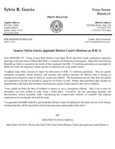 Sylvia R. Garcia  Texas Senate District 6 PRESS RELEASE