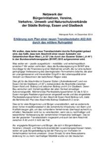 Netzwerk der Bürgerinitiativen, Vereine, Verkehrs-, Umwelt- und Naturschutzverbände der Städte Bottrop, Essen und Gladbeck Metropole Ruhr, im Dezember 2014