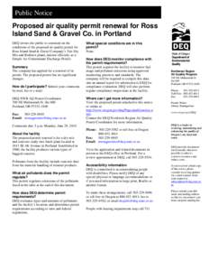 Public Notice  Public Noti Proposed air quality permit renewal for Ross Island Sand & Gravel Co. in Portland