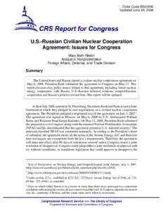 U.S.-Russian Civilian Nuclear Cooperation Agreement: Issues for Congress