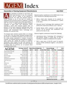 Index Association of Gaming Equipment Manufacturers fter reporting an increase in June 2012, the AGEM Index declined in July. The composite score fell 8.7 points, or 6.9 percent, to[removed]The index has reported month-t
