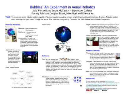 Bubbles: An Experiment in Aerial Robotics Julia Ferraioli and Leslie McTavish – Bryn Mawr College Faculty Advisors Douglas Blank, Mike Noel and Dianna Xu Task: To create an aerial  robotic system capable of a