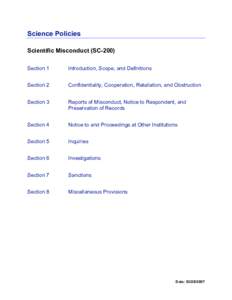 Science Policies Scientific Misconduct (SC-200) Section 1 Introduction, Scope, and Definitions