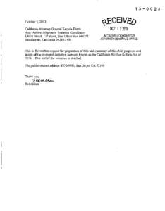 [removed]October 1, 2013 California Attorney General Kamala Harris Attn: Ashley Johansson, Initiative Coordinator 1300 I Street, 1Jili Floor, Post Office Box[removed]