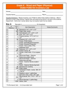 Microsoft Word - FOSS Kit Inventory List - Grade K - Wood and Paper (Physical)