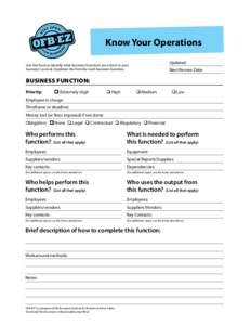 Know Your Operations Updated: Use this form to identify what business functions are critical to your business’ survival. Duplicate the form for each business function.