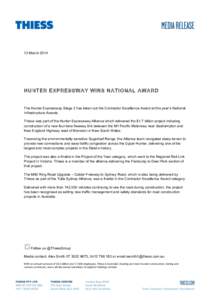    13 March 2014 HUNTER EXPRESSWAY WINS NATIONAL AWARD