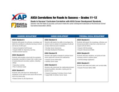 ASCA Correlations for Roads to Success – Grades[removed]Roads to Success’ Curriculum Correlation with ASCA Career Development Standards Discover how the Roads to Success curriculum meets the career development standard