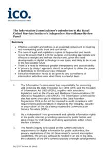 The Information Commissioner’s submission to the Royal United Services Institute’s Independent Surveillance Review Panel Summary  