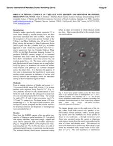 Second International Planetary Dunes Workshoppdf OBSTACLE MARKS: EVIDENCE OF VARIABLE WIND EROSION AND SEDIMENT TRANSPORT, HELLESPONTUS, MARS. Mark A. Bishop1,2 1Barbara Hardy Centre [Terrain Analogue Under