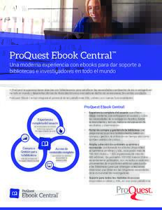 ProQuest Ebook Central™ Una moderna experiencia con ebooks para dar soporte a bibliotecas e investigadores en todo el mundo A ProQuest le apasiona hacer alianzas con bibliotecarios para satisfacer las necesidades cambi