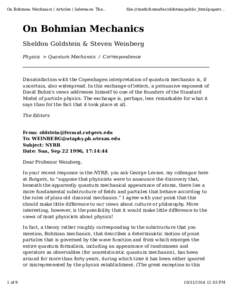On Bohmian Mechanics | Articles | Inference: The...  file:///math/home/fac/oldstein/public_html/papers... On Bohmian Mechanics Sheldon Goldstein & Steven Weinberg