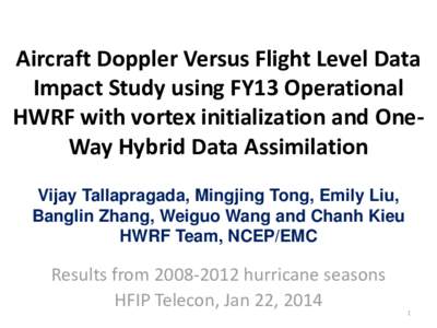 Aircraft Doppler Versus Flight Level Data Impact Study using FY13 Operational HWRF with vortex initialization and OneWay Hybrid Data Assimilation Vijay Tallapragada, Mingjing Tong, Emily Liu, Banglin Zhang, Weiguo Wang a