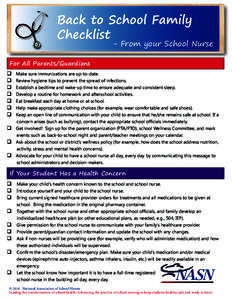 Back to School Family Checklist - From your School Nurse